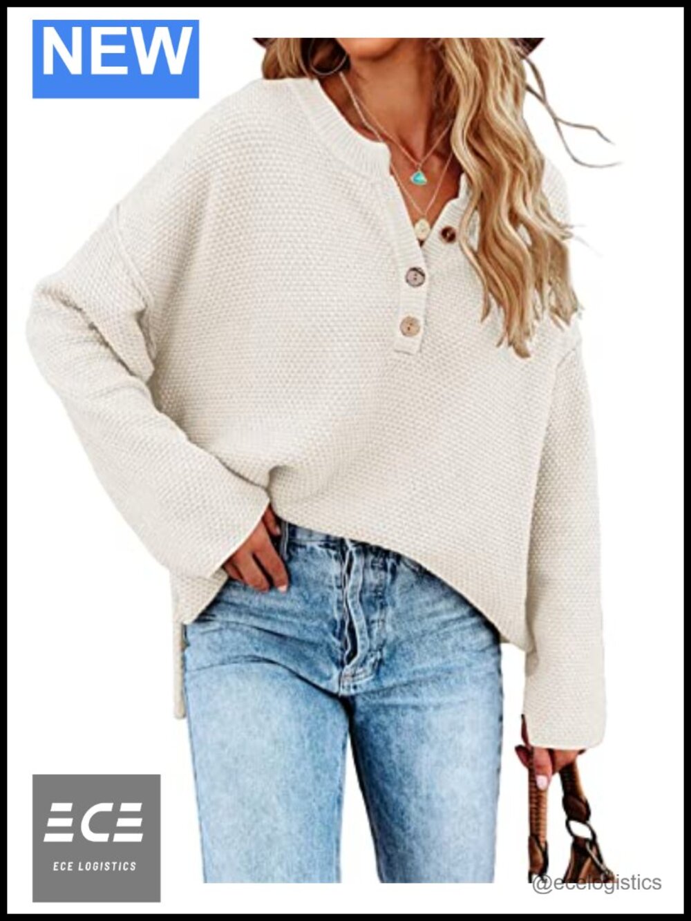 Oversized V Neck Knit Pullover Sweater Long Sleeve Button Batwing